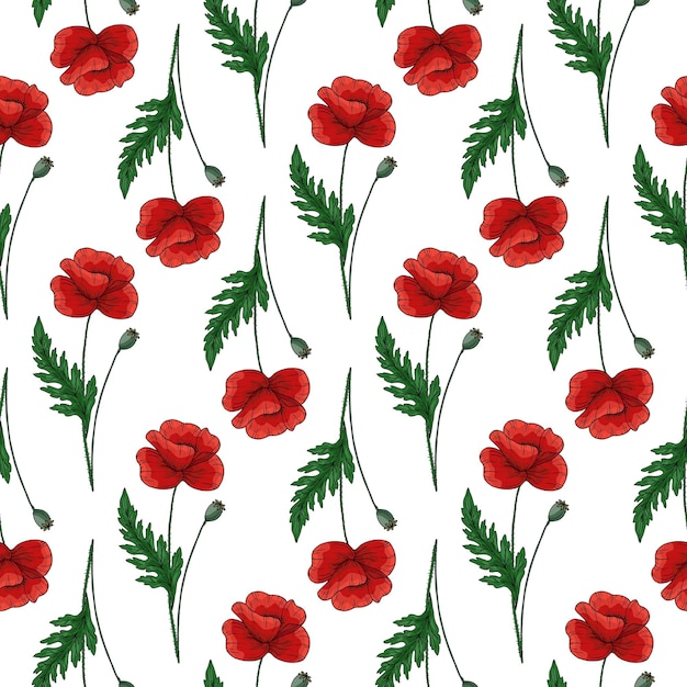 Nahtloses Muster mit roten Mohnblumen und grünen Blättern Papaver Verzierter eleganter Sommerhintergrund Dekor für Anzac-Tag Endlose Textur für textile Modeverpackungen