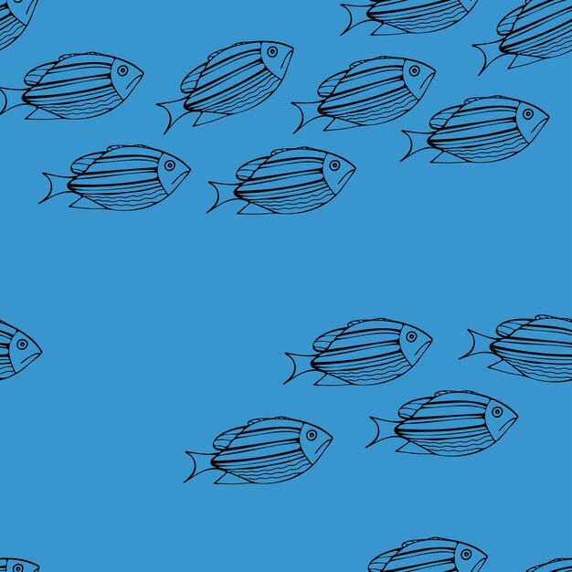 Nahtloses Muster mit schwarzem Fisch auf blauem Hintergrund. Wiederholen Sie das Musterdesign für Drucktapeten, Geschenkpapier, Einbandtextilien
