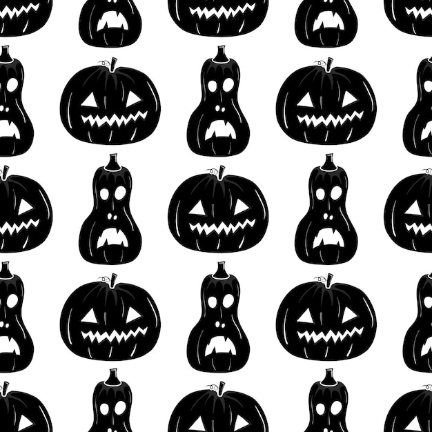 Nahtloses muster mit schwarzer silhouette eines kürbisgesichtes für halloween auf weißem hintergrund
