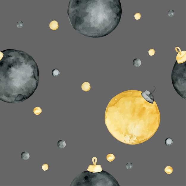 Nahtloses Muster mit schwarzgoldenen Weihnachtskugeln auf grauem Hintergrund