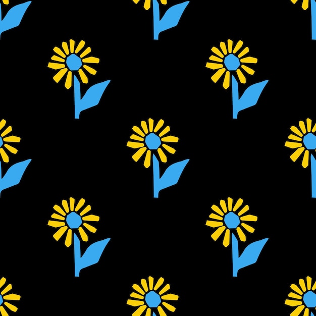 Nahtloses muster mit stilisierter illustration sonnenblume in blauer und gelber farbe im schnittstil auf schwarzem hintergrund