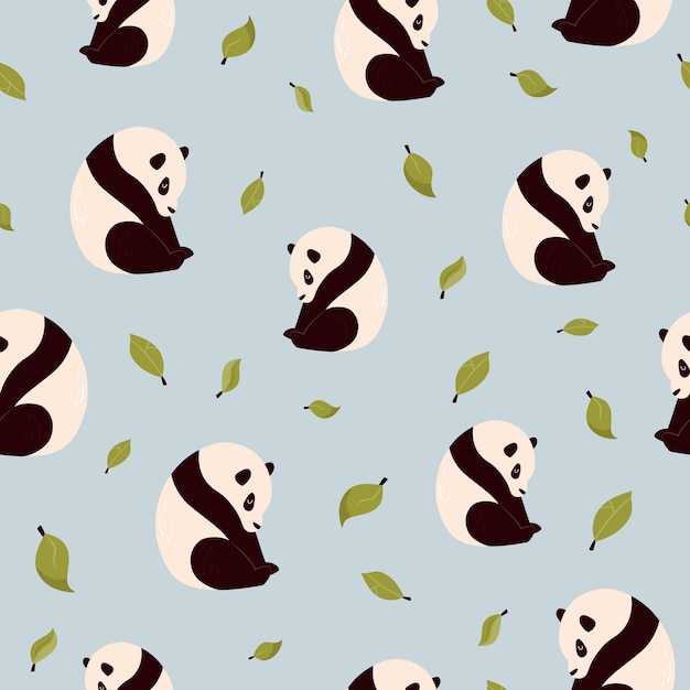 Nahtloses muster mit süßen pandas und grünen blättern