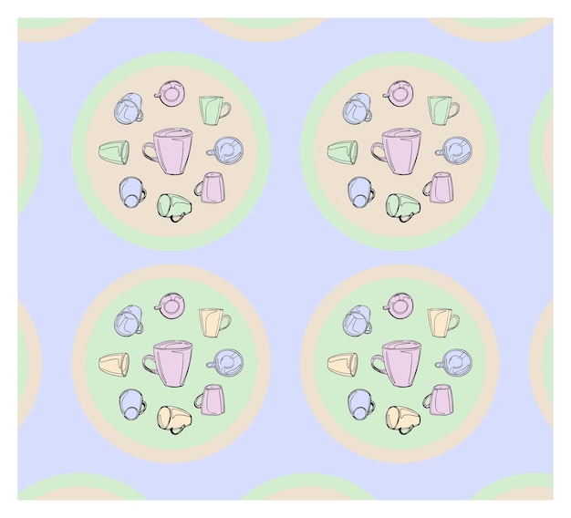 Nahtloses muster mit tassen eine reihe von vektorgrafiken mit tassen in verschiedenen farben