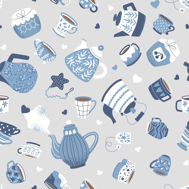 Nahtloses Muster mit Tassen und Teekannen im skandinavischen Stil. Blaue blaue Becher und Kaffeekannen auf einem Grau