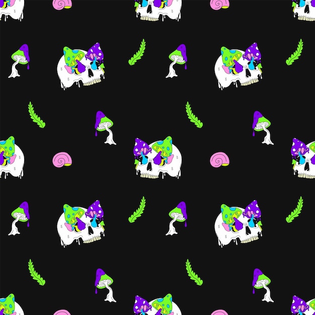 Nahtloses Muster mit Totenkopf und Pilzen Helle Neonfarben auf dunklem Hintergrund Das Hippie-Konzept