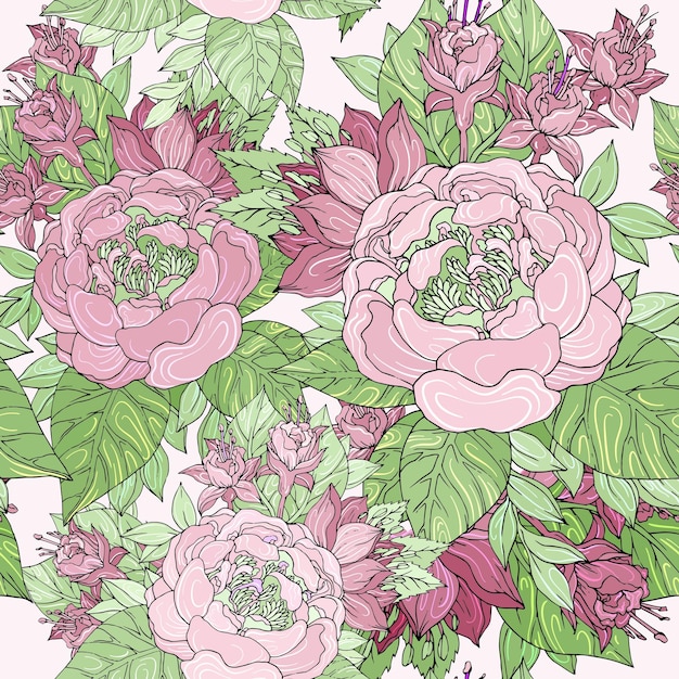 Nahtloses Muster mit verschiedenen Blumen und Pfingstrosen helle bunte Sommerpalette