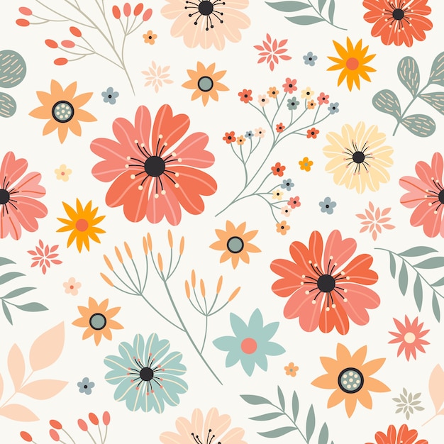 Nahtloses Muster mit verschiedenen Blumen und Pflanzen, weiß