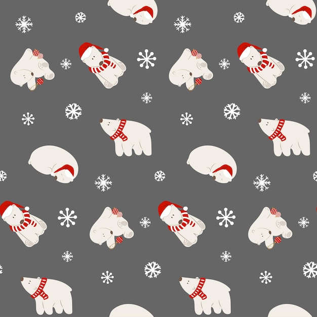 Vektor nahtloses muster mit weihnachtlichen weißen eisbären und schneeflocken. geschenkpapier für neujahr weihnachten