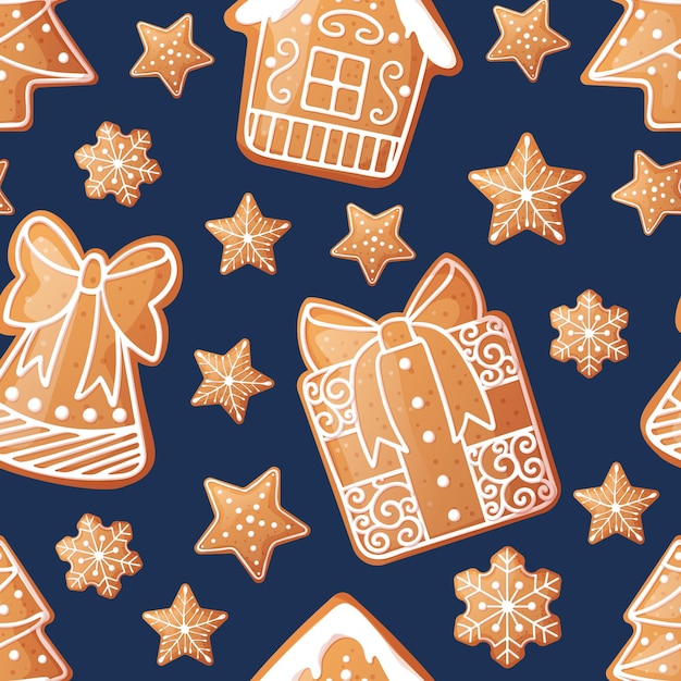Nahtloses muster mit weihnachtslebkuchen textur mit neujahrskeksen und weißem zuckerguss ideal für papiertextiltapeten