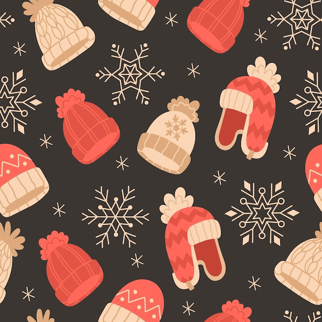 Nahtloses Muster mit Winter-Weihnachtshüten und Schneeflocken