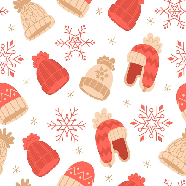 Nahtloses Muster mit Winter-Weihnachtshüten und Schneeflocken