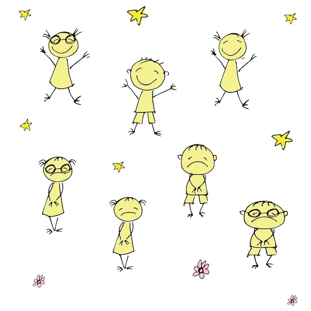 nahtloses Muster mit Zeichentrickfilmen für Kinder, weißer Hintergrund, Vektorillustration
