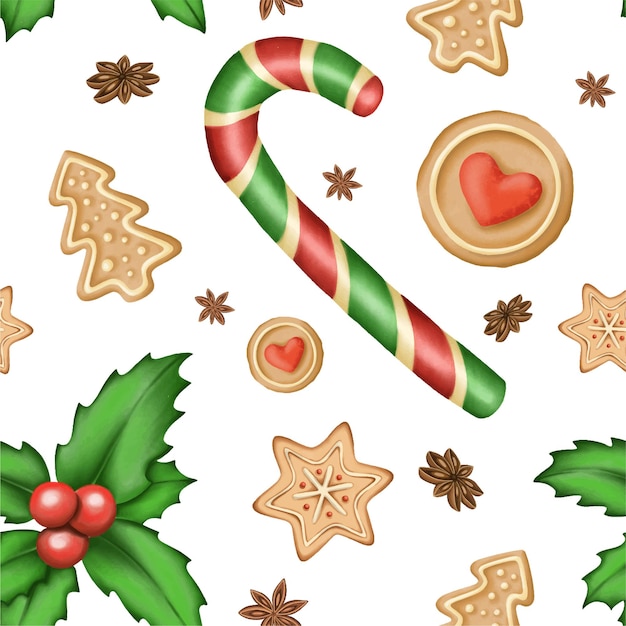 Nahtloses Muster mit Zuckerstange und Weihnachtslebkuchenplätzchen.