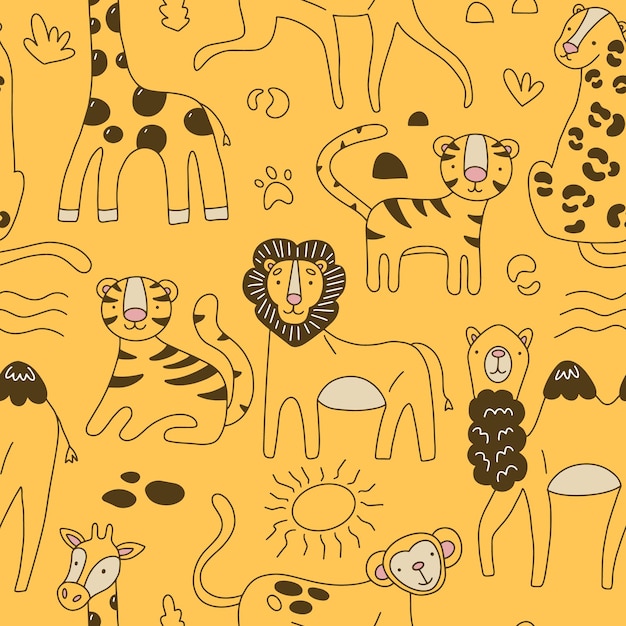 Nahtloses muster niedlicher afrikanischer tiere, giraffe, affe, tiger, löwe, gepard, kamel und afrikanische motive. vektorillustration auf gelbem hintergrund für ihr design