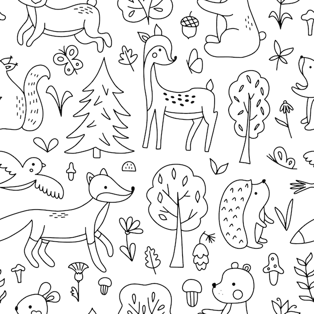 Nahtloses muster niedlicher waldtiere mit naturelementen im doodle-stil handgezeichnete vektorillustration