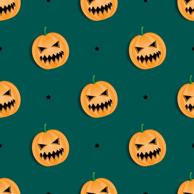 Nahtloses Muster orange Kürbis Vektordesign Geistergesicht Charakter grüner Hintergrund Tapetendesign zur Feier des Halloween-Tages