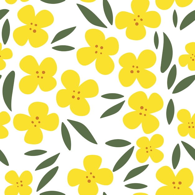 Nahtloses muster rapsblumen auf weißem, isoliertem hintergrund gelbe handgezeichnete helle pflanzen blühende designelemente für postkarten-banner vektor-illustration