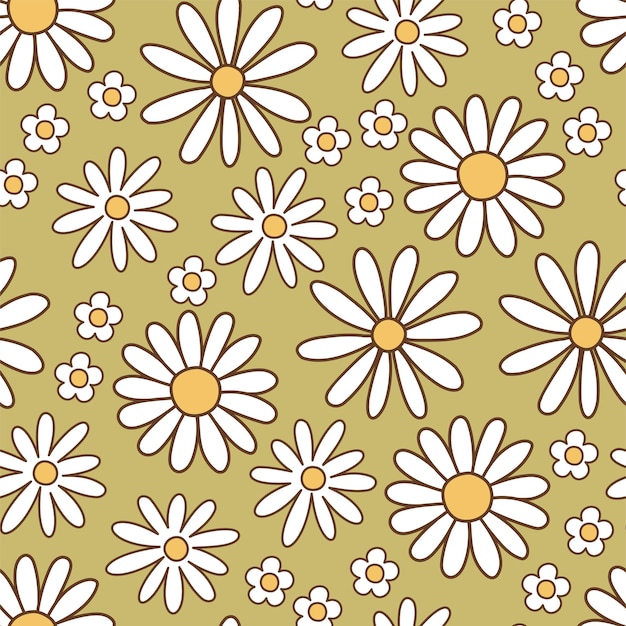 Nahtloses muster retro-hippie-hintergrund der 1970er jahre mit bunter blume kamille im vintage-stil illustration mit positiven symbolen für tapetengewebe textilien vektor