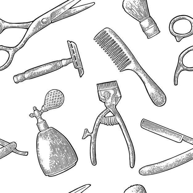 Nahtloses Muster-Set-Tool für BarberShop mit Kamm, Rasiermesser, Rasierpinsel, Schere und Flaschenspray