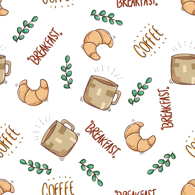 Nahtloses muster von croissant mit einer tasse kaffee im doodle-stil