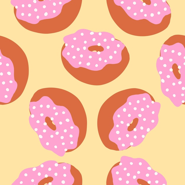 Nahtloses muster von donuts mit weißen kugeln, rosa creme und geröstetem basis im flachen karikaturstil