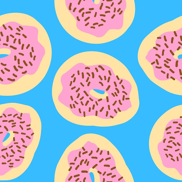 Vektor nahtloses muster von donuts schokoladenstreuseln rosa creme und weizenbasis im flachen karikaturstil