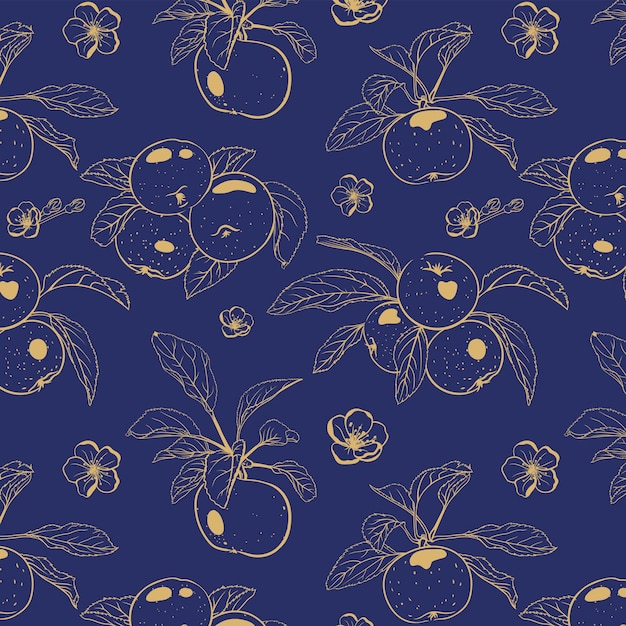 Nahtloses muster von goldenen äpfeln der kontur auf kobaltblauem hintergrund. blauer hintergrund