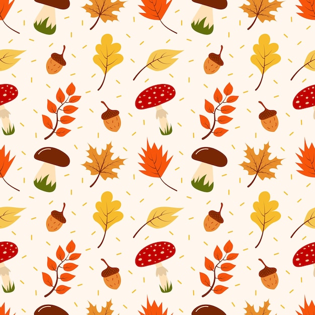 Nahtloses Muster von Herbstblättern, Pilzen und Eicheln. Sammelalbum, Geschenkpapier, Textilien.