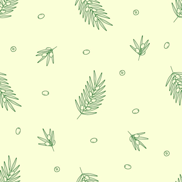 Nahtloses Muster von Olivenbaumzweigen und -blättern und Olivenbeeren Vektorillustrationshintergrund oder -tapete