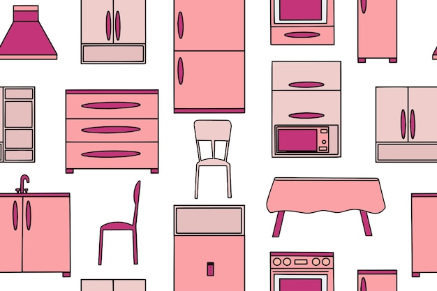 Nahtloses muster von rosa und küchenelementen rosa spielzeugküche küche design vektor-illustration