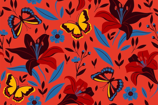 Nahtloses Muster von Schmetterlingen und Lilienblumen