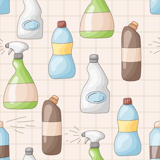 Nahtloses muster von vektorsymbolen für hausreinigung, waschen und frische cartoon-flaschen mit waschmittel seife haushaltschemikalien waschpulver