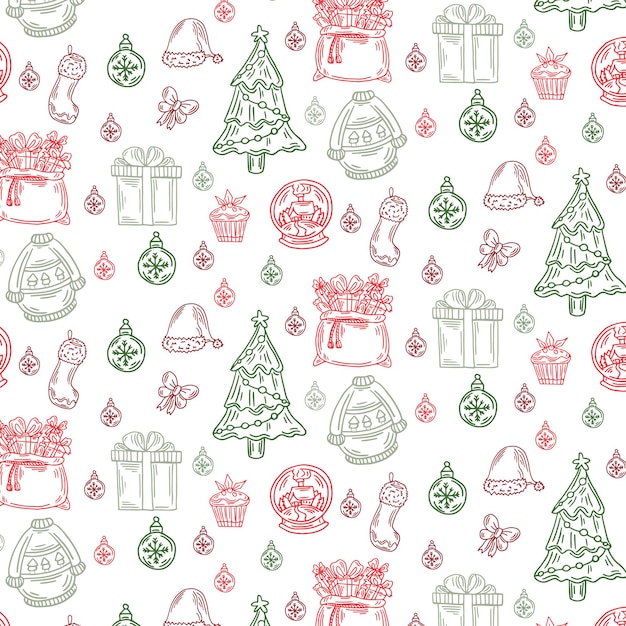Nahtloses Muster Weihnachten und guten Rutsch ins Neue Jahr mit Weihnachtsspielwaren und -geschenken. Trendiger Stil