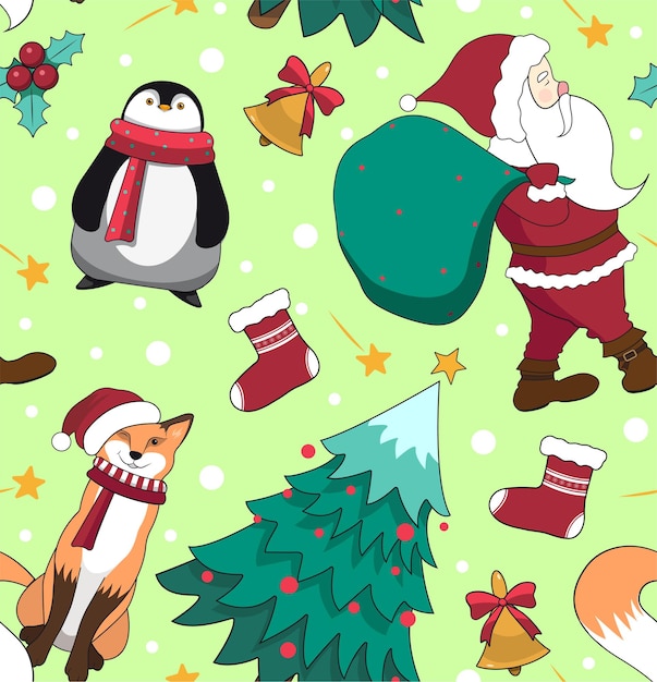 Nahtloses muster weihnachtsbild mit pinguin fuchs tannenbaum weihnachtsmann glocken holly socken sterne vektor-illustration