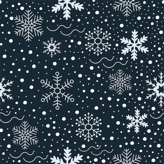 Nahtloses Muster weißer Schnee Schneeflocken mit schwarzem Hintergrund Nahtlose Tapete Flache Vektorillustration