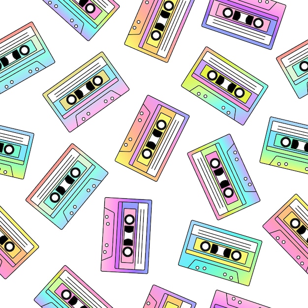 Nahtloses retro-muster mit vintage-kassetten auf weißem hintergrund