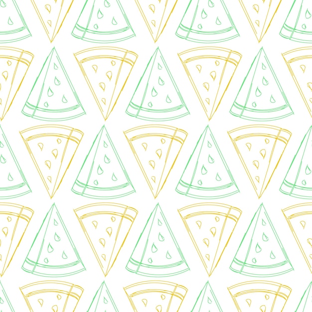 Nahtloses skizzenmuster eines stücks wassermelone gelber und grüner umriss summer food pattern