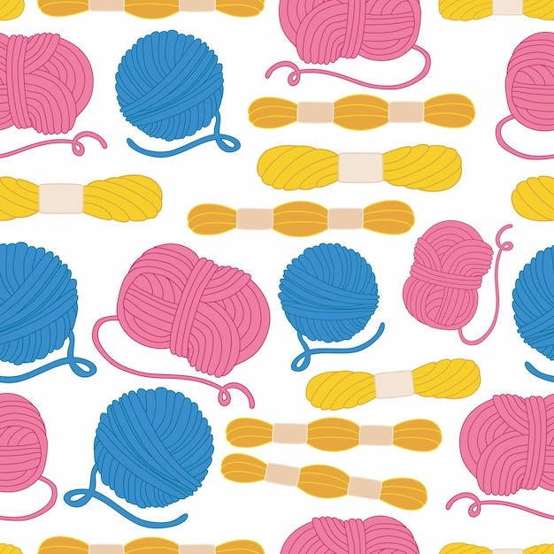 Nahtloses Strickmuster in den Farben Blau, Gelb und Rosa. Wollfäden. Kreuzstichfäden
