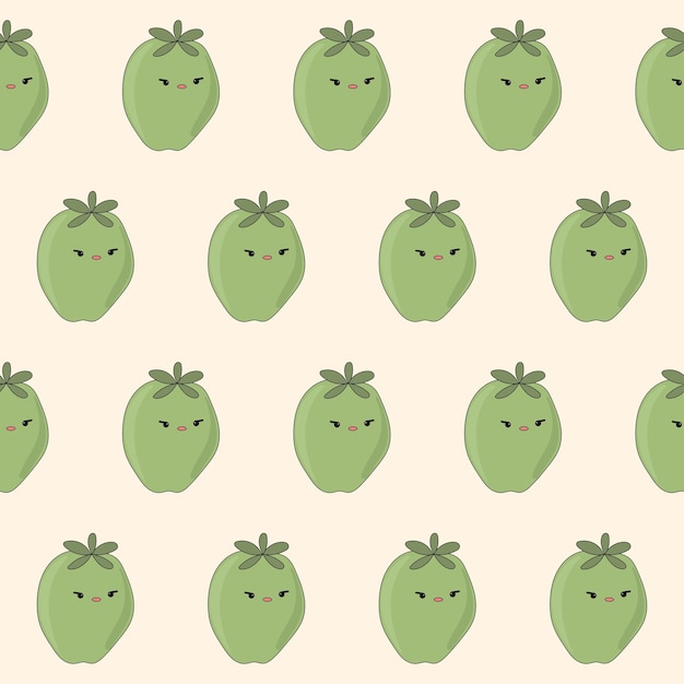 Vektor nahtloses süßes kawaii-fruchtcharakter textilgewebe muster hintergrund doodle frucht-symbol verpackung