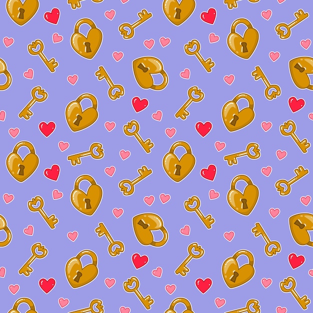 Nahtloses süßes muster mit goldenen schlüsseln und herzförmigen schlössern auf blauem hintergrund vektor-cartoon