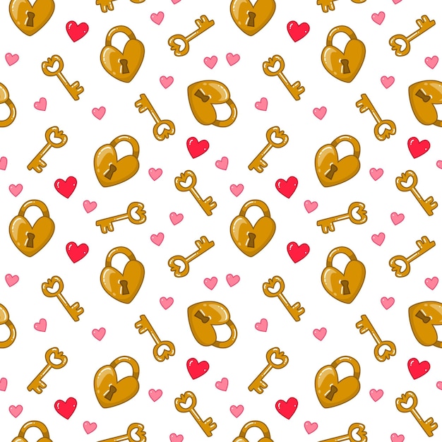 Nahtloses süßes muster mit goldenen schlüsseln und schlössern in form eines herzens vektor-cartoon-illustration