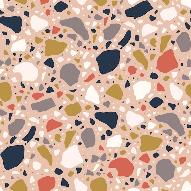 Nahtloses Terrazzo-Muster mit bunten Chips, Fraktionen oder Fragmenten, die auf hellem Hintergrund verstreut sind. Moderne dekorative Vektorgrafik im flachen Stil für Stoffdruck, Geschenkpapier, Bodenbelag.