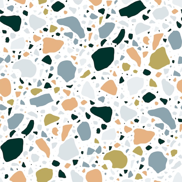 Nahtloses Terrazzo-Muster mit bunten Felsfragmenten. Eleganter Hintergrund mit Steinstücken oder Streuseln auf weißem Hintergrund. Moderne Vektorillustration für Packpapier, Stoffdruck.