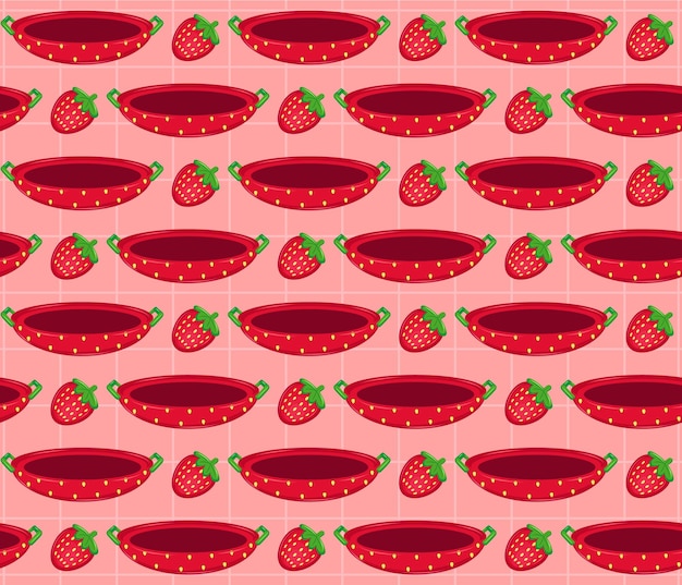 Vektor nahtloses textilmuster von strawberry-küchengeräten flaches obst- und blumenmuster-set