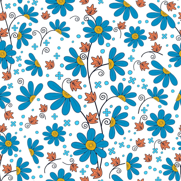 Nahtloses trendiges abstraktes Blumenmuster, handgezeichneter Stil. Blaue, gelbe Pflanzen, Vektor