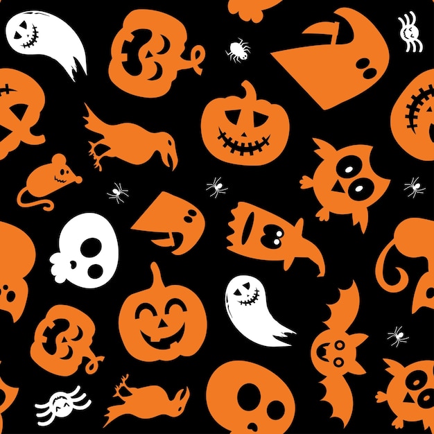 Nahtloses Vektormuster für Halloween-Design Halloween-Symbole Geisterfledermaus Kürbis im Cartoon-Stil