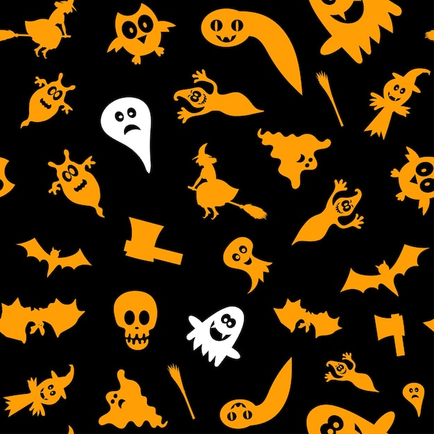 Nahtloses Vektormuster für Halloween-Design Halloween-Symbole Ghost Bat Kürbis im Cartoon-Stil