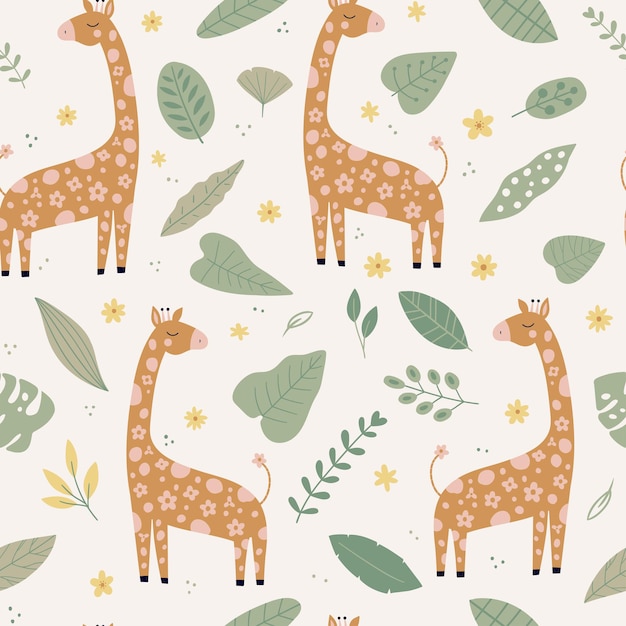 Nahtloses Vektormuster mit Giraffenblumen verlässt afrikanischen Tierzeichentrickfilm-figur