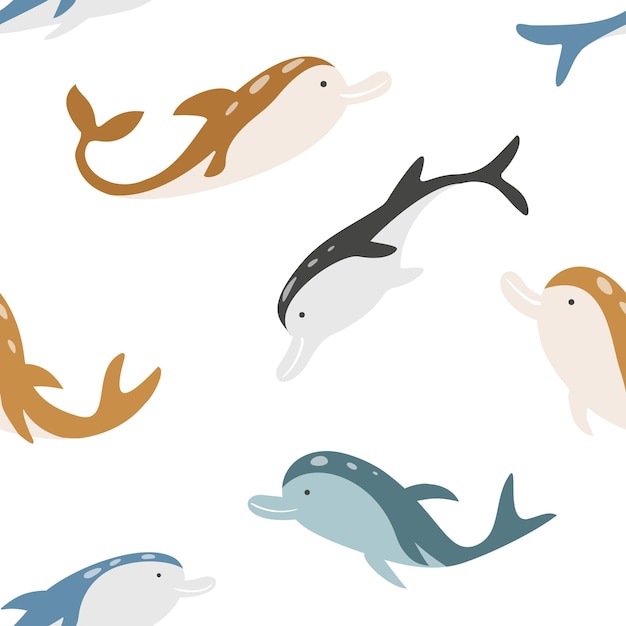 Nahtloses vektormuster mit niedlichen delfinen auf weißem hintergrund