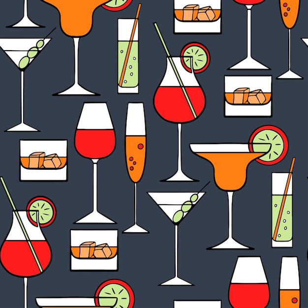 Nahtloses Vektormuster mit verschiedenen Getränken auf dunklem Hintergrund. Cocktailparty.